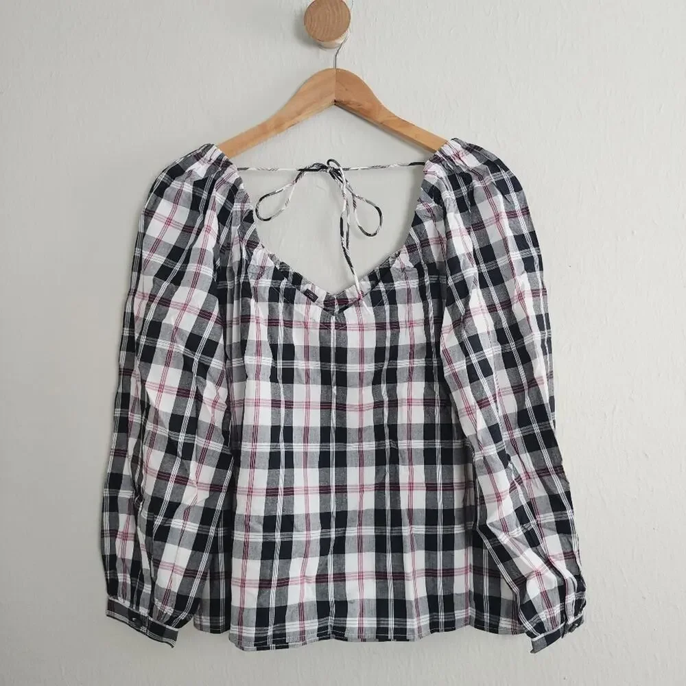 J. Crew Black Plaid V-Neck Open Back Tie Top - XS NWT Checkered Blouse BL093